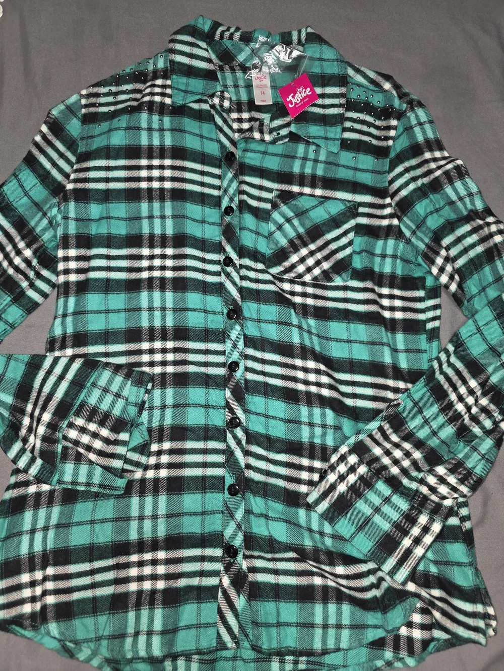 Justice Teal and Black Plaid Button Front Shirt